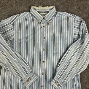 LL Bean Casual Button Shirt Mens Size M Blue White Striped Long Sleeve Cotton